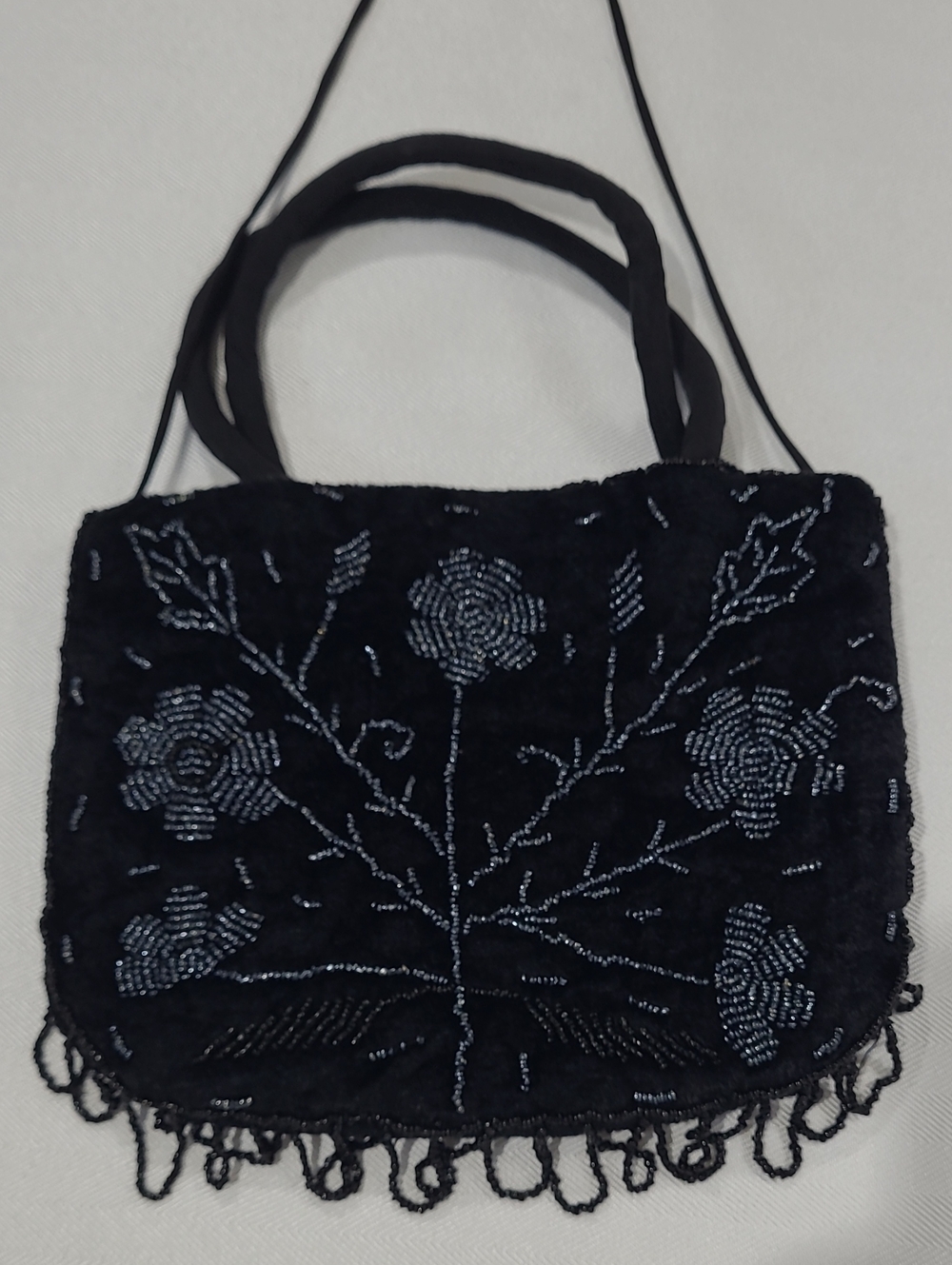 Velvet Black Beaded Floral Evening Wrist/Shoulder Vintage Type Bag